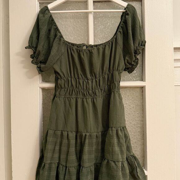 Liberty Love Olive Green Smocked Tiered Mini Dress – Large - Cottagecore Style - Picture 2 of 3
